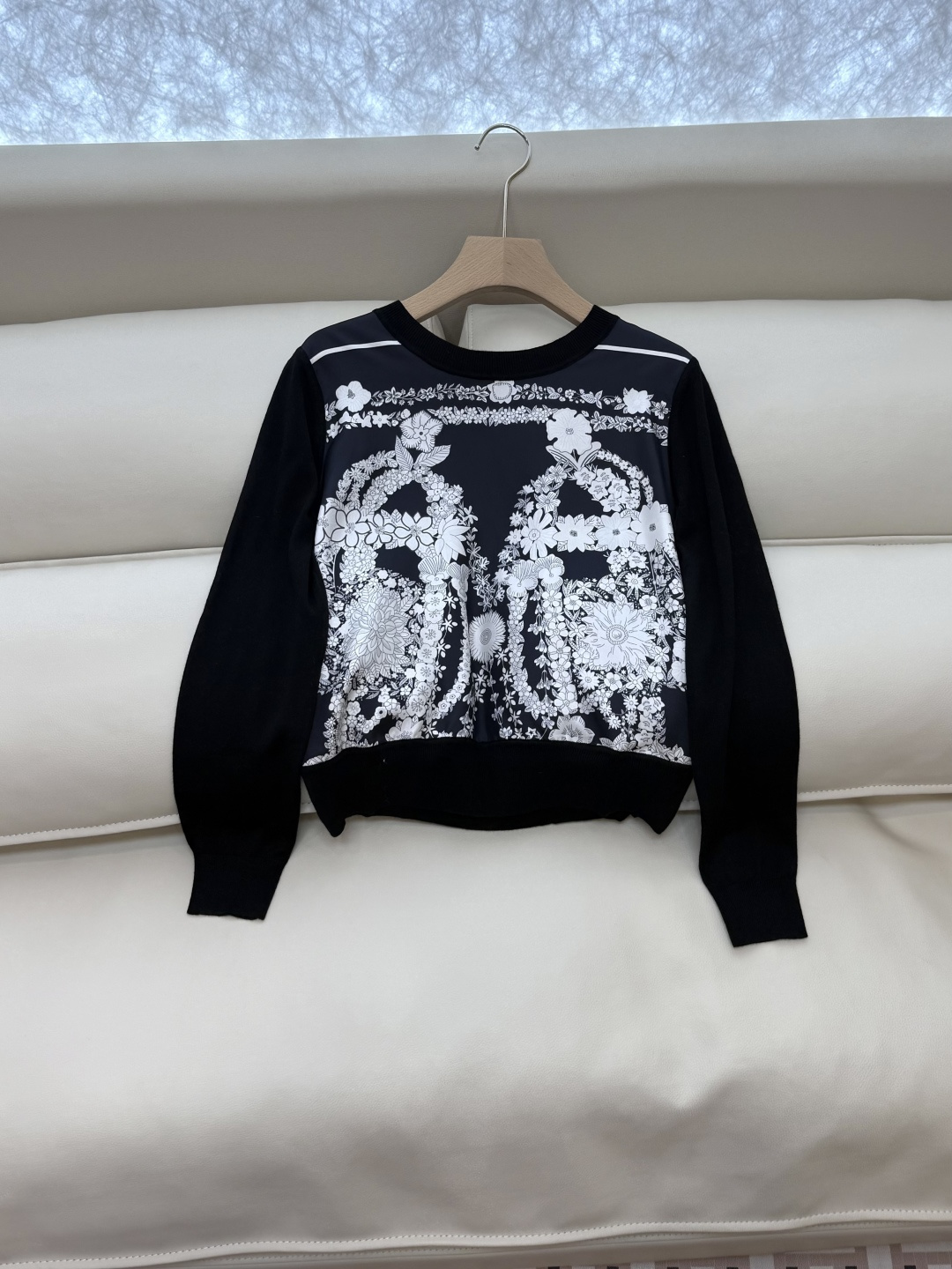 H32555#新款外套💕H家 爱马仕 100% 真丝印花拼接长袖针织羊毛上衣 四色 S- XXL