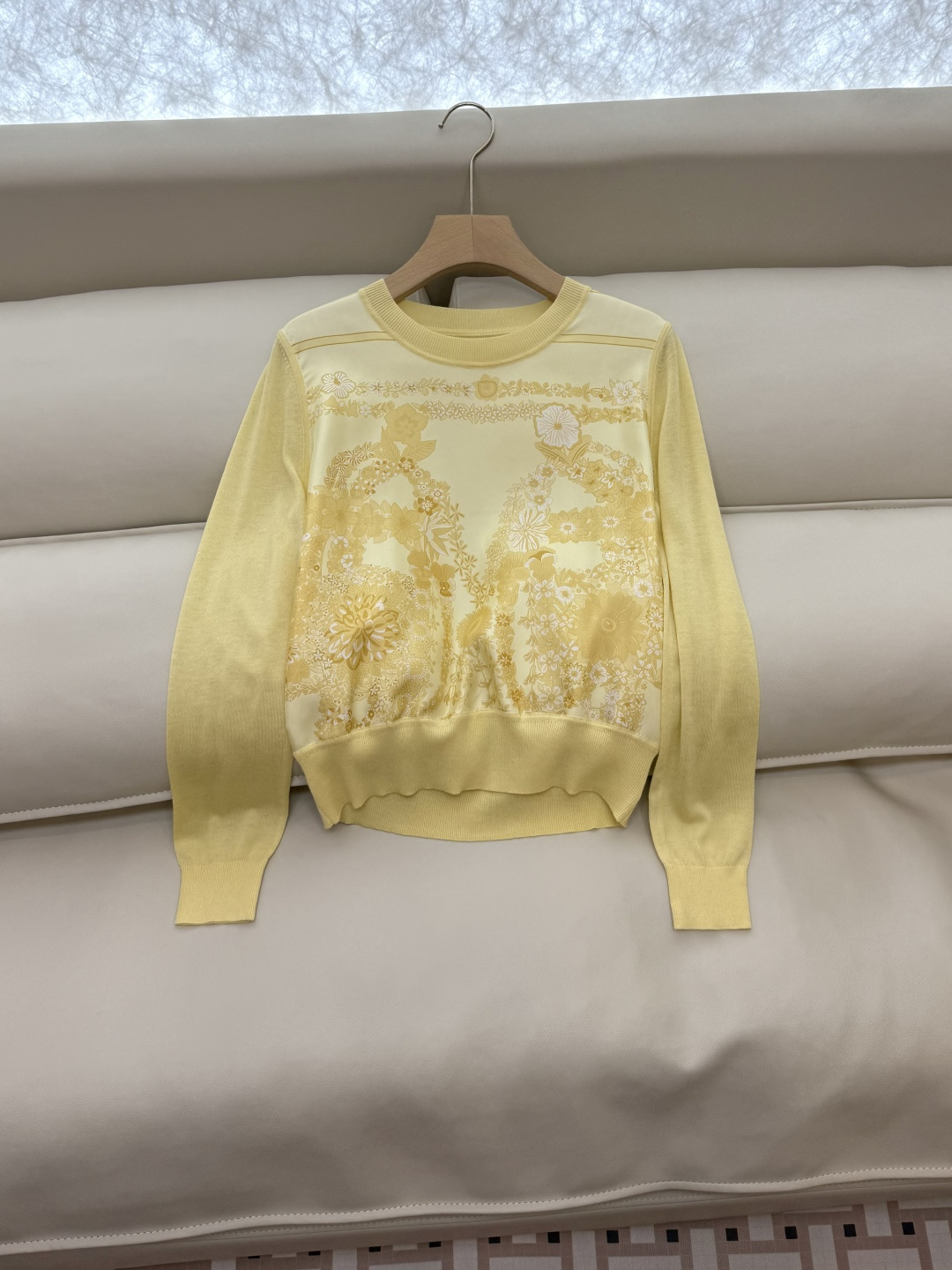 H32555#新款外套💕H家 爱马仕 100% 真丝印花拼接长袖针织羊毛上衣 四色 S- XXL