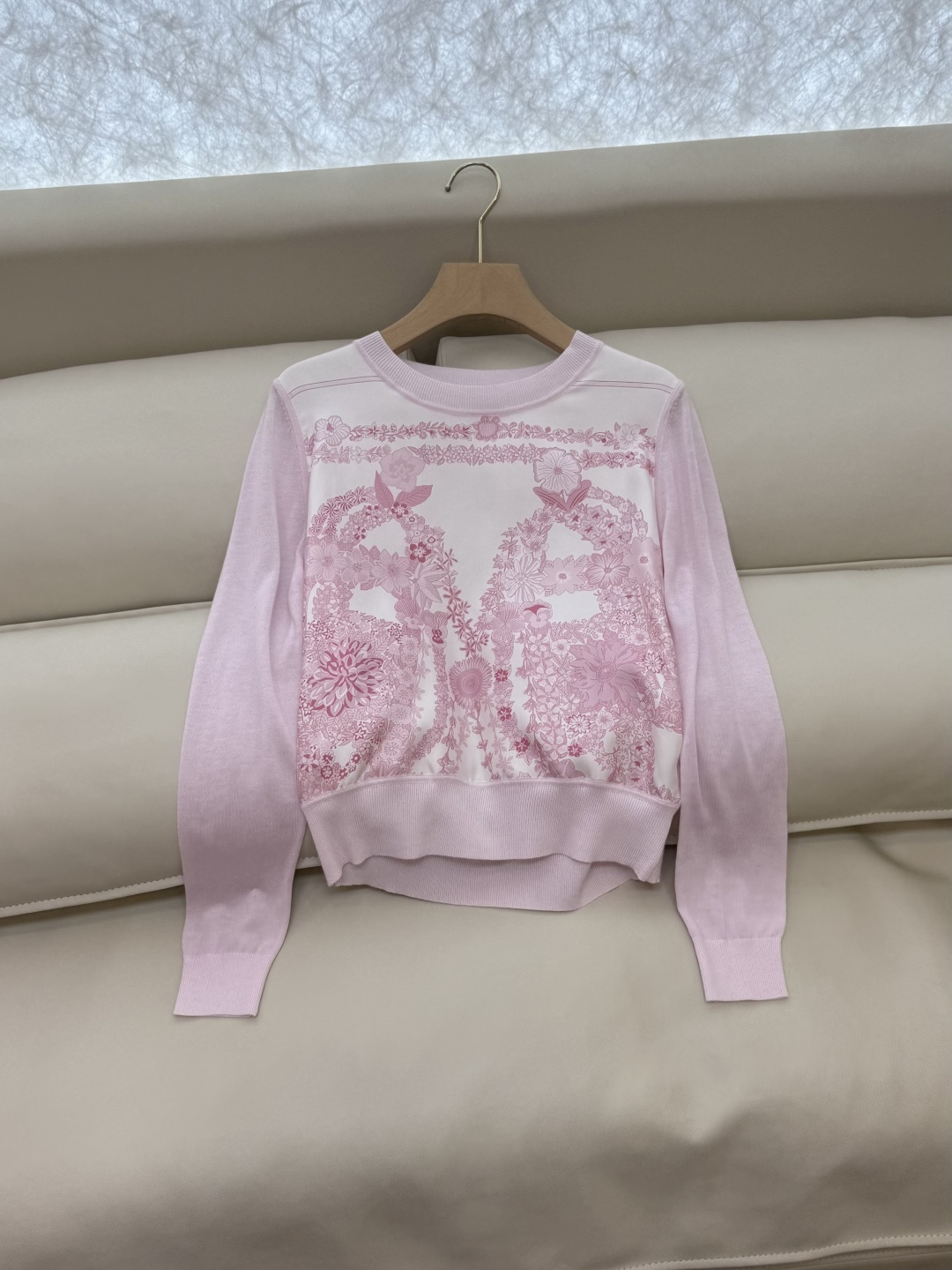 H32555#新款外套💕H家 爱马仕 100% 真丝印花拼接长袖针织羊毛上衣四色 S- XXL