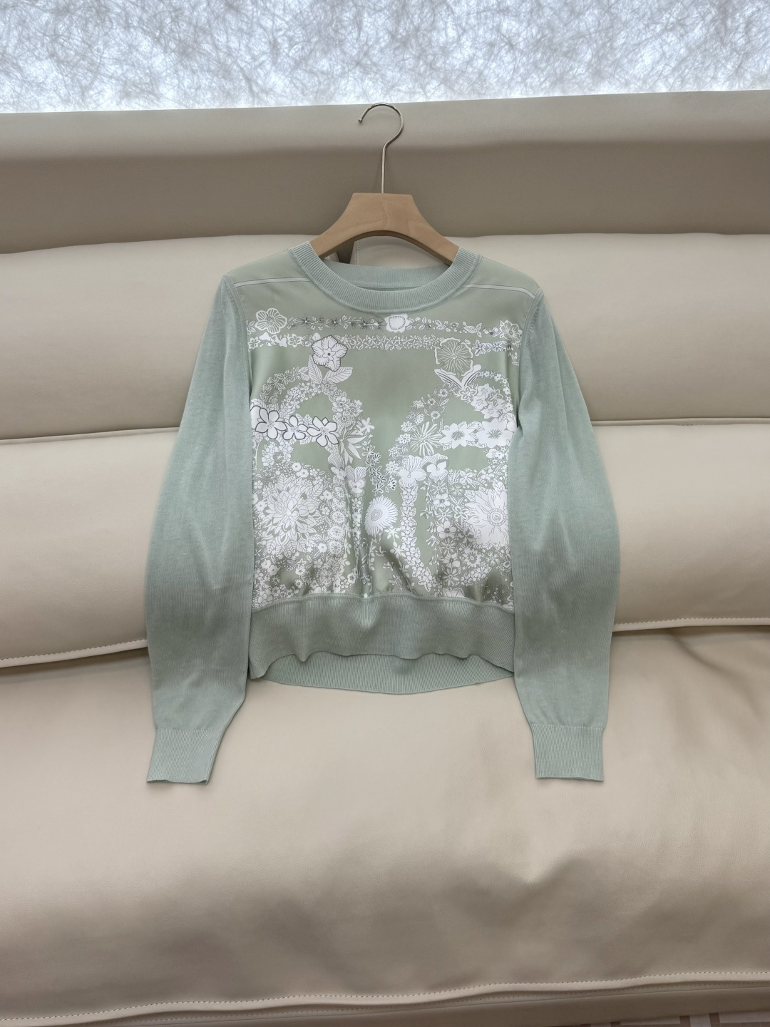 H32555#新款外套💕H家 爱马仕 100% 真丝印花拼接长袖针织羊毛上衣四色 S- XXL