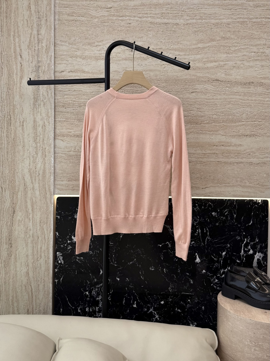 H32558#新款外套💕H家 爱马仕 100% 真丝印花拼接 长袖针织羊毛上衣 蓝色 粉色 灰色 S- 