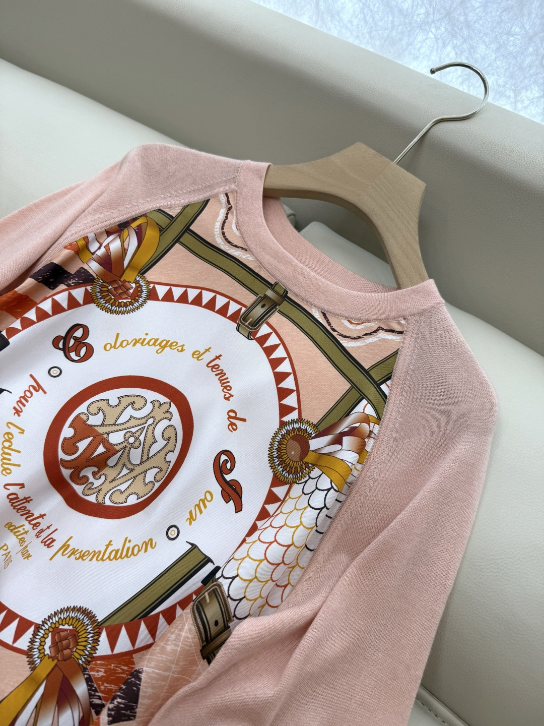 H32558#新款外套💕H家 爱马仕 100% 真丝印花拼接 长袖针织羊毛上衣 蓝色 粉色 灰色 S- 