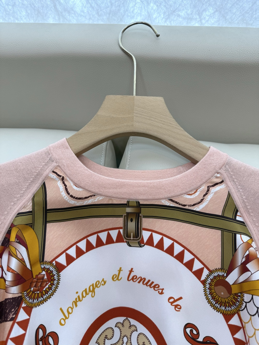 H32558#新款外套💕H家 爱马仕 100% 真丝印花拼接 长袖针织羊毛上衣 蓝色 粉色 灰色 S- 