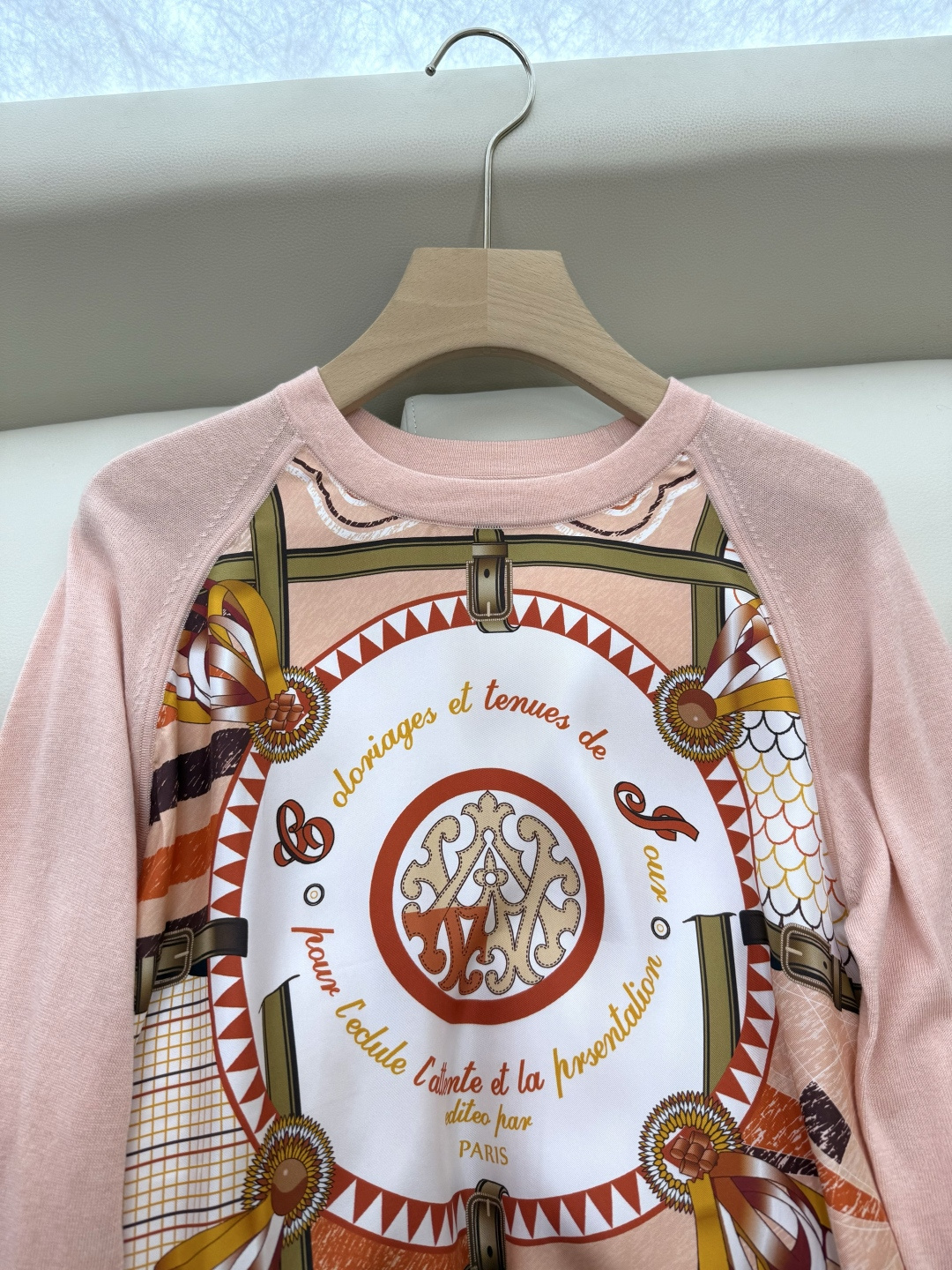 H32558#新款外套💕H家 爱马仕 100% 真丝印花拼接 长袖针织羊毛上衣 蓝色 粉色 灰色 S- 