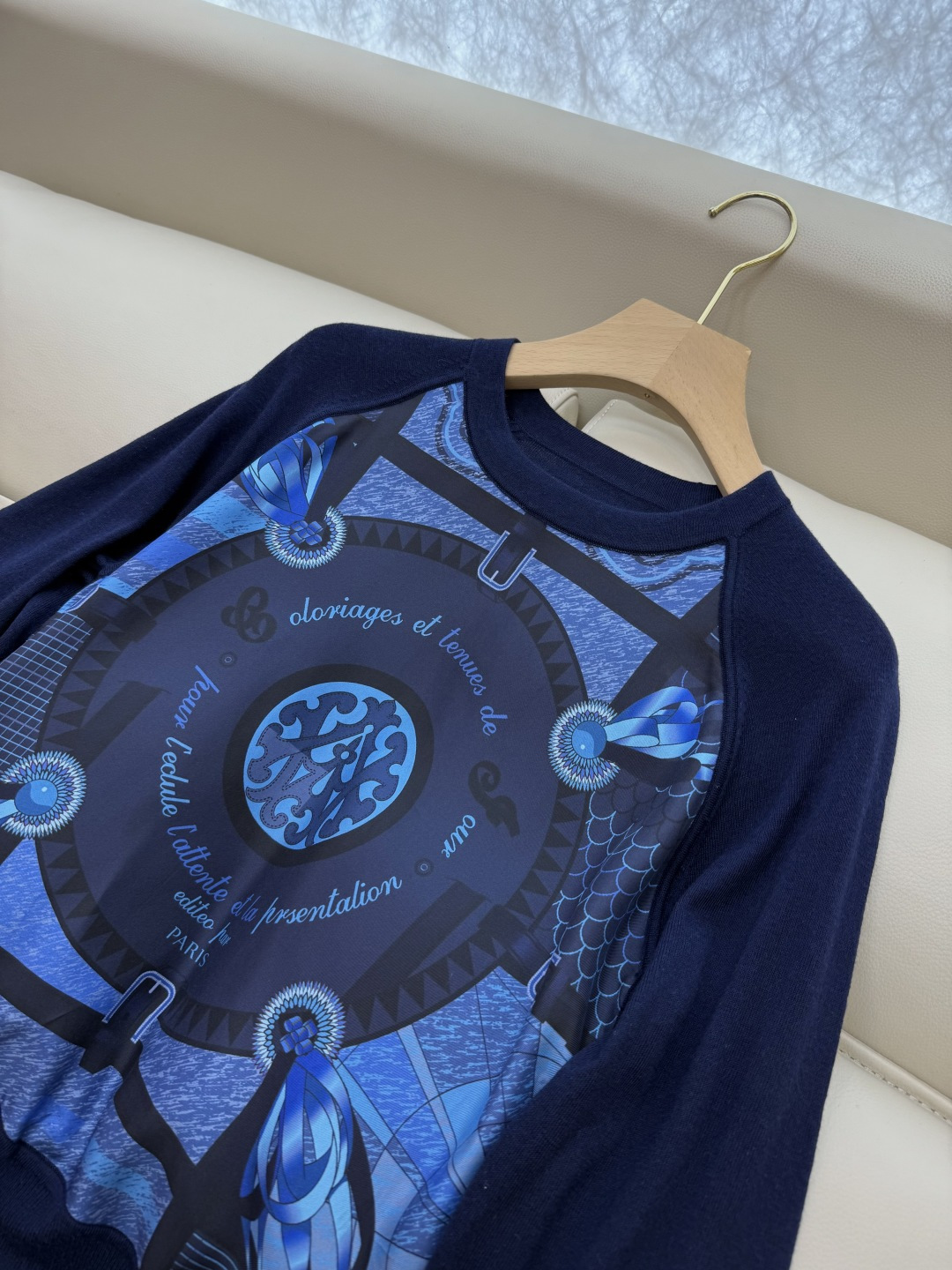 H32558#新款外套💕H家 爱马仕 100% 真丝印花拼接 长袖针织羊毛上衣 蓝色 粉色 灰色 S- 