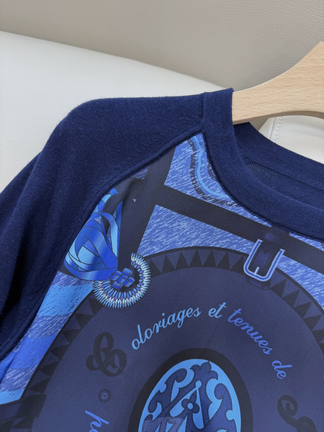 H32558#新款外套💕H家 爱马仕 100% 真丝印花拼接 长袖针织羊毛上衣 蓝色 粉色 灰色 S- 