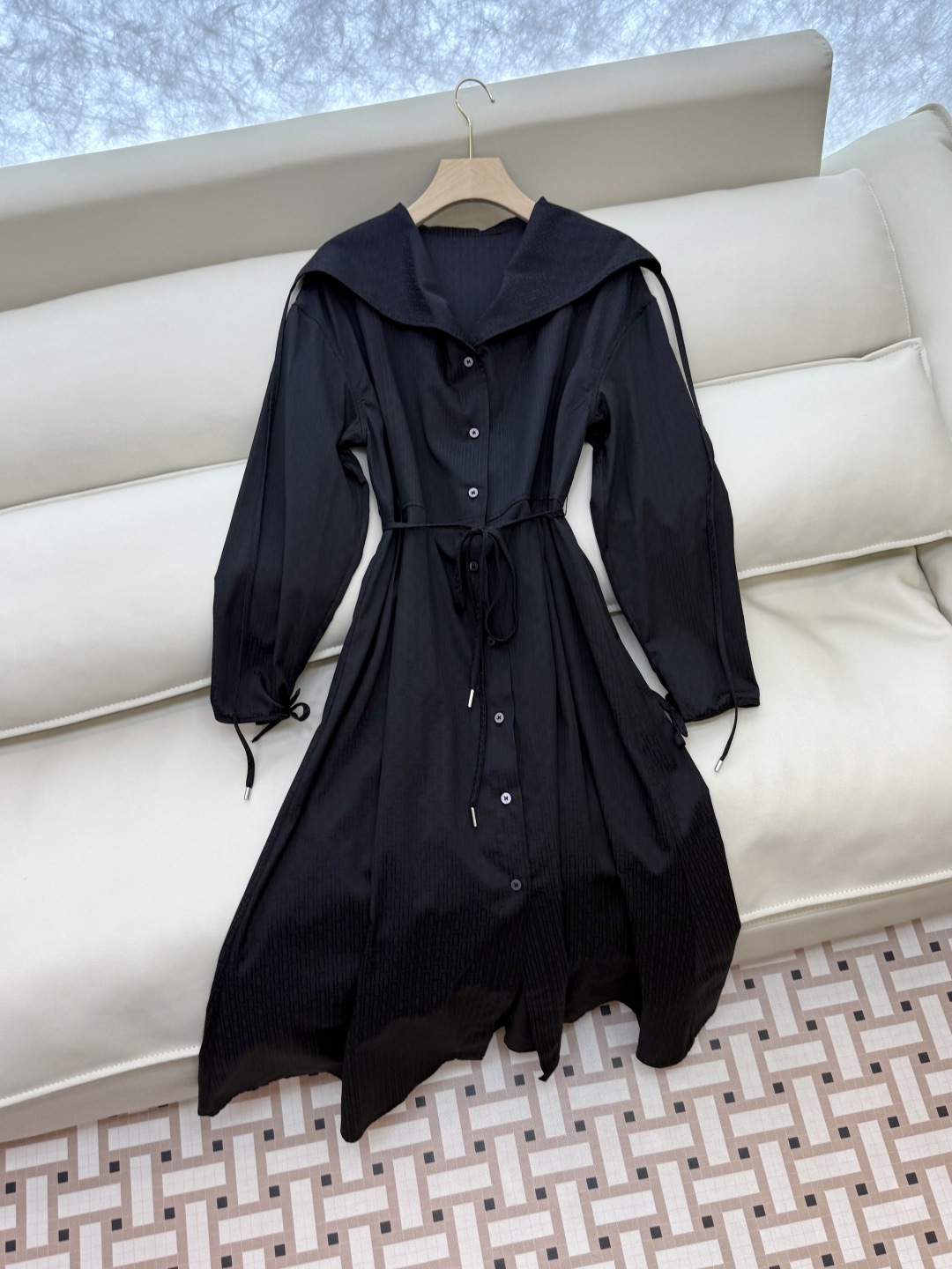 QGL025#新款连衣裙💕Hermes H家 爱马仕 H字母暗纹 长袖连衣裙 黑色 燕麦咖色 SML