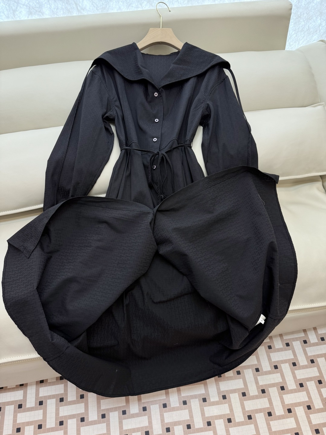 QGL025#新款连衣裙💕Hermes H家 爱马仕 H字母暗纹 长袖连衣裙 黑色 燕麦咖色 SML