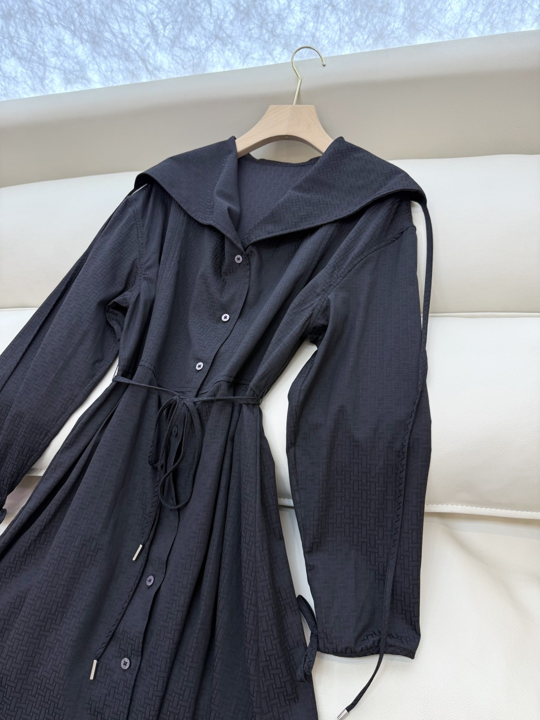 QGL025#新款连衣裙💕Hermes H家 爱马仕 H字母暗纹 长袖连衣裙 黑色 燕麦咖色 SML