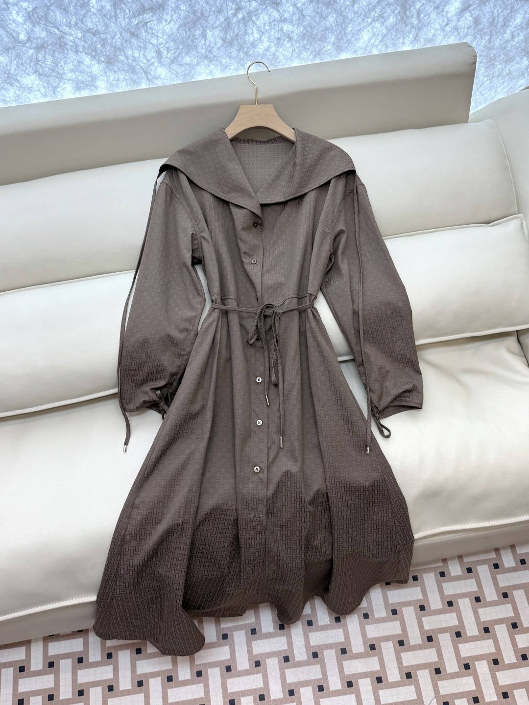 QGL025#新款连衣裙💕Hermes H家 爱马仕 H字母暗纹 长袖连衣裙 黑色 燕麦咖色 SML