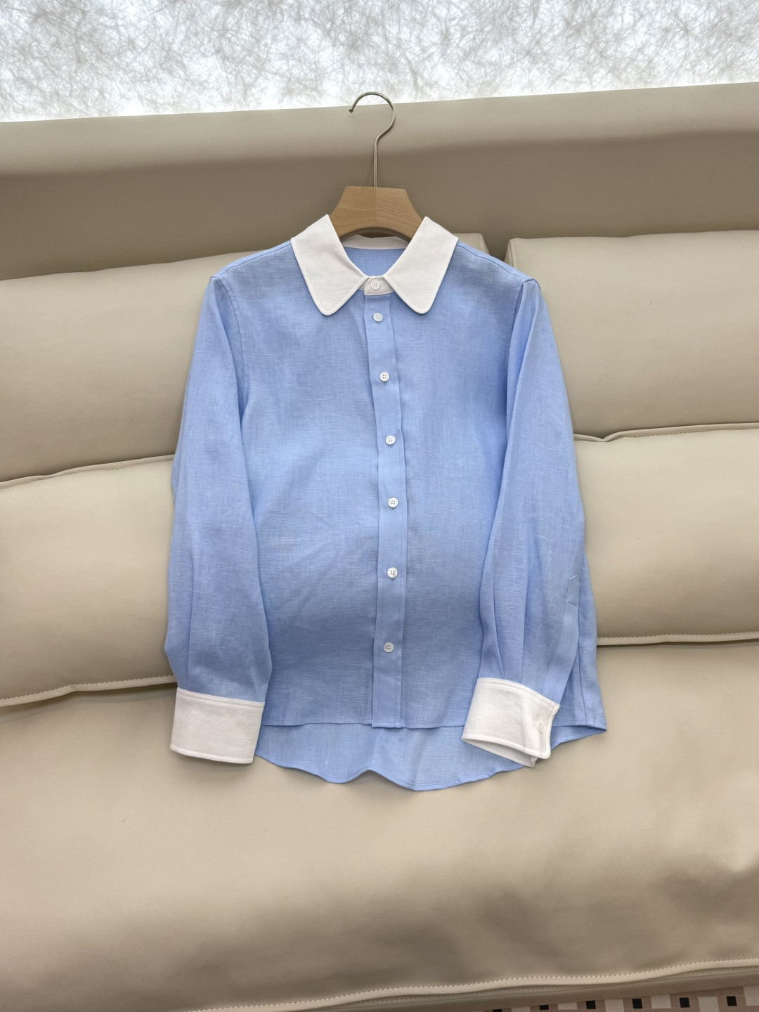 BS976+977#新款套装💕LP拼接撞色 100% 亚麻 小翻领长袖衬衫➕长裤 套装 蓝色 36-42