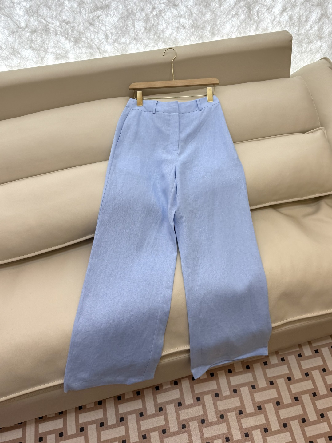 BS976+977#新款套装💕LP拼接撞色 100% 亚麻 小翻领长袖衬衫➕长裤 套装 蓝色 36-42