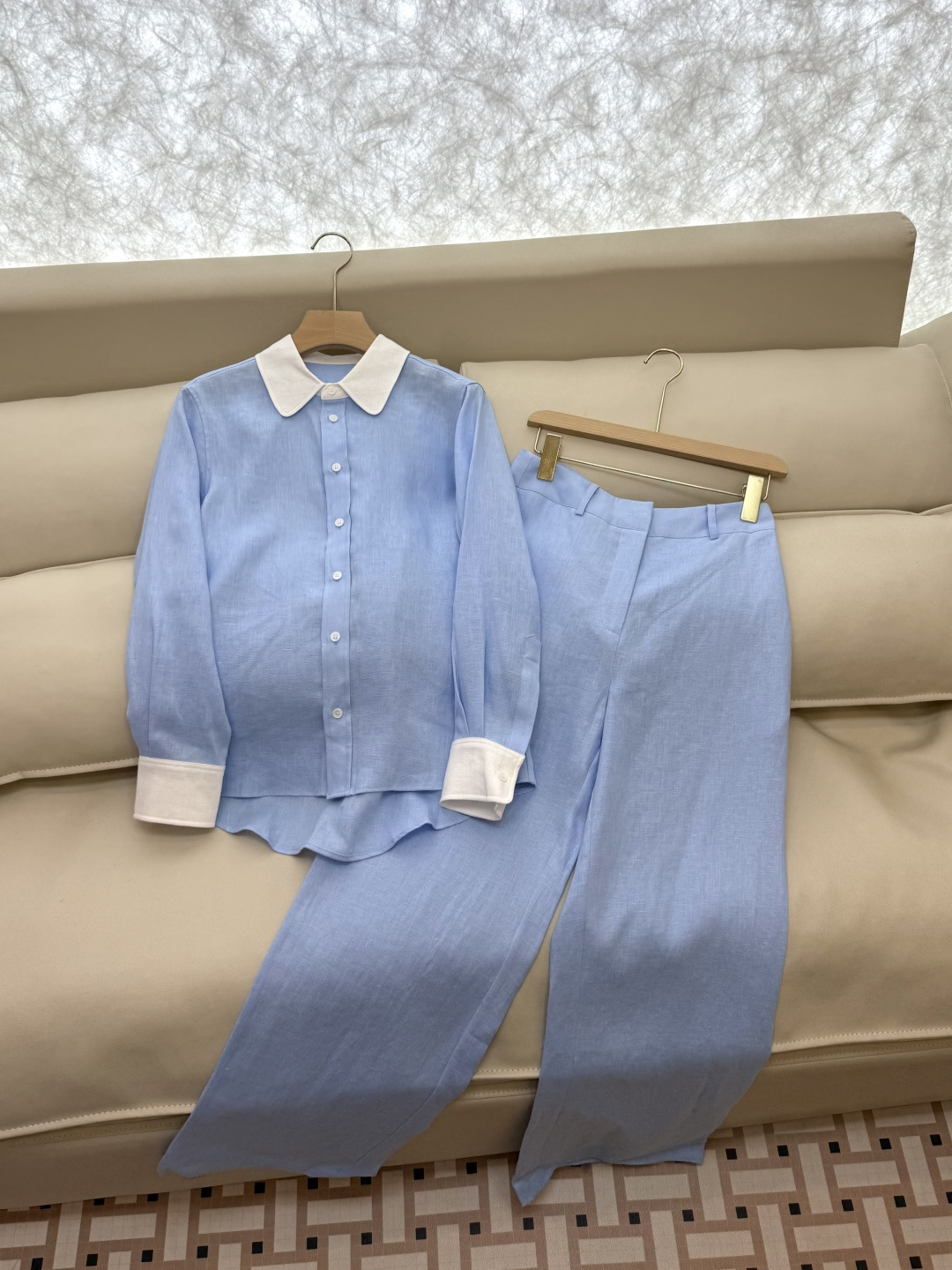 BS976+977#新款套装💕LP拼接撞色 100% 亚麻 小翻领长袖衬衫➕长裤 套装 蓝色 36-42