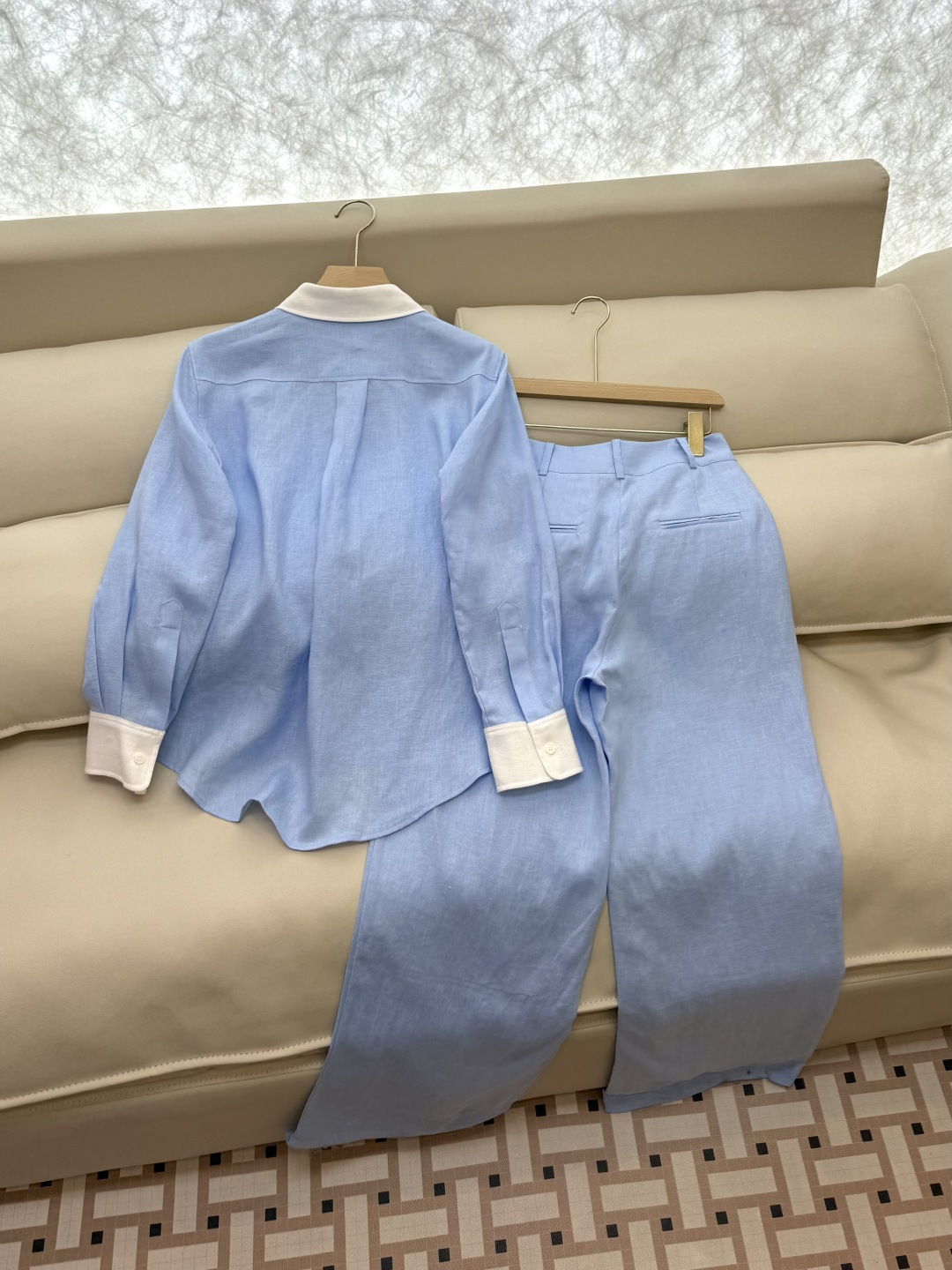 BS976+977#新款套装💕LP拼接撞色 100% 亚麻 小翻领长袖衬衫➕长裤 套装 蓝色 36-42