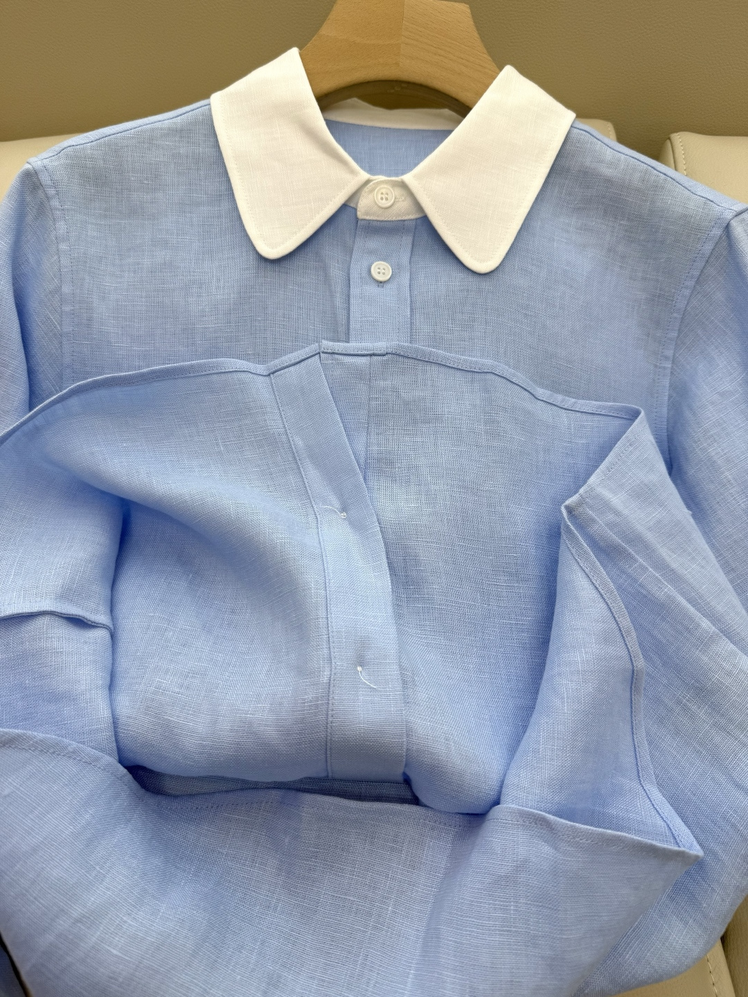 BS976+977#新款套装💕LP拼接撞色 100% 亚麻 小翻领长袖衬衫➕长裤 套装 蓝色 36-42