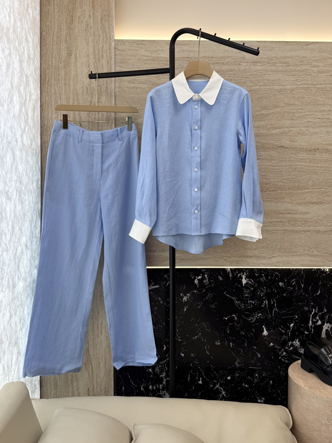 NO:470843,BS976+977# new suit LP splicing contrast color linen small lapel long sleeve shirt trousers suit blue 36-42,,loro piana,shirts,alexander wang19860909BS976+977#新款套装 LP拼接撞色 亚麻 小翻领长袖衬衫长裤 套装 蓝色 36-42,,loro piana,shirts,alexander wang,Women's clothing
