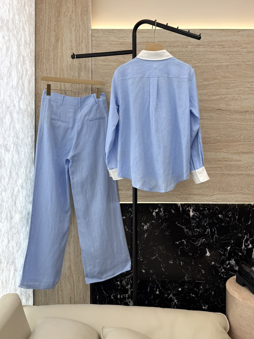 BS976+977#新款套装💕LP拼接撞色 100% 亚麻 小翻领长袖衬衫➕长裤 套装 蓝色 36-42