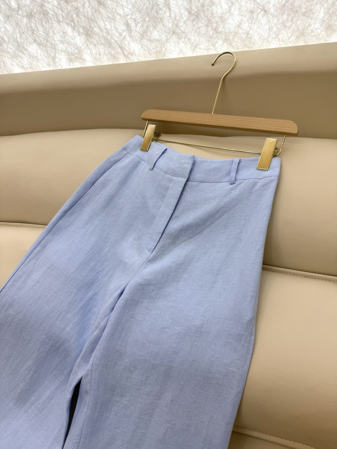 BS976+977#新款套装💕LP拼接撞色 100% 亚麻 小翻领长袖衬衫➕长裤 套装 蓝色 36-42