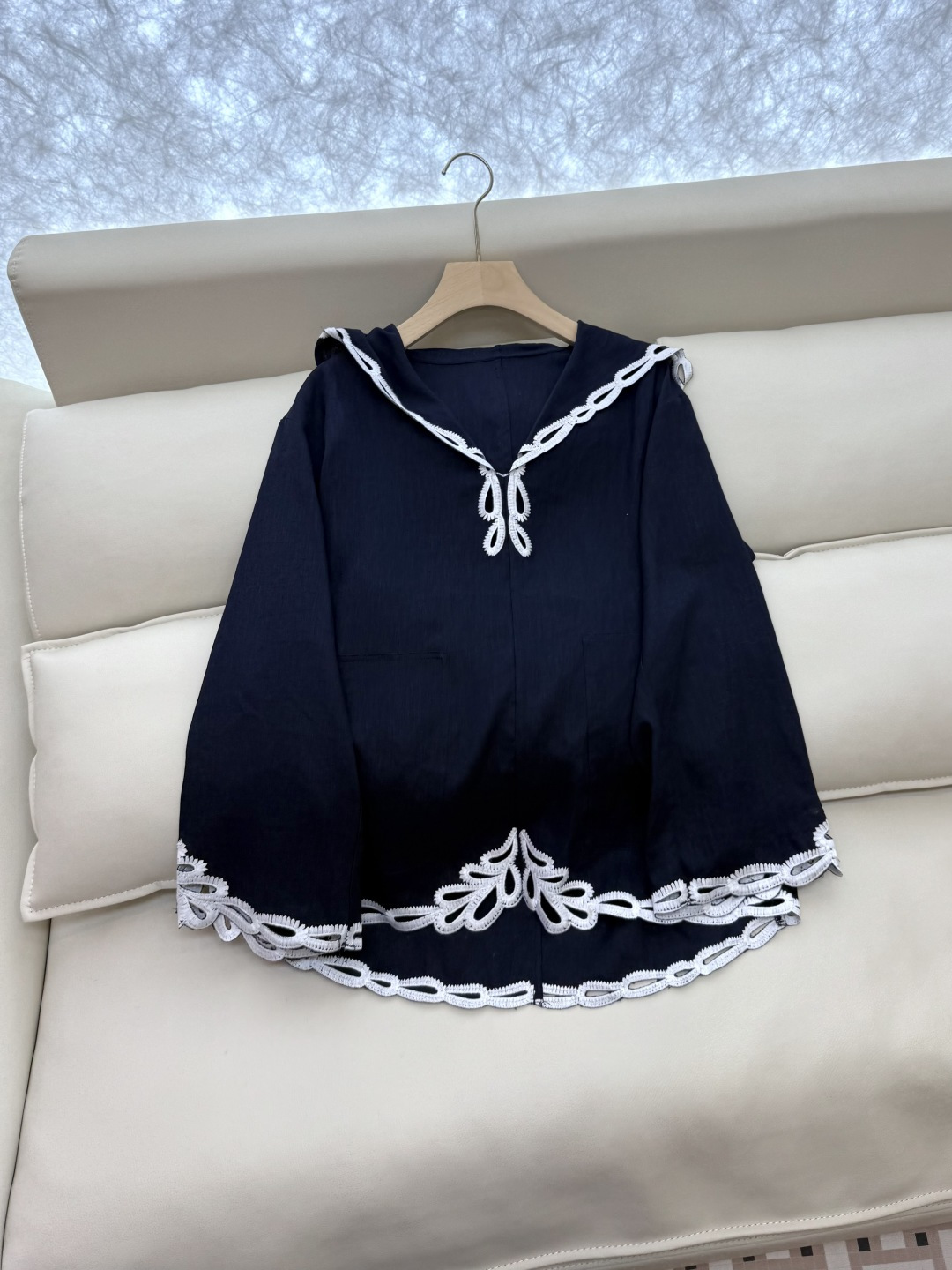 BS979+982#新款套装💕Zimm 100%亚麻 镂空绣花 V领翻领带帽长袖上衣➕长裤 套装 藏青色