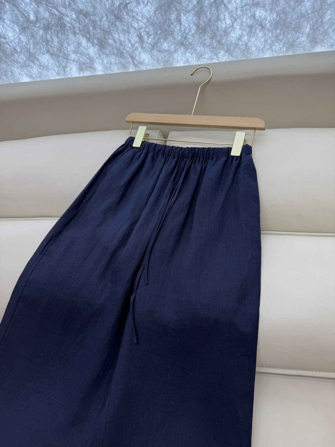 BS979+982#新款套装💕Zimm 100%亚麻 镂空绣花 V领翻领带帽长袖上衣➕长裤 套装 藏青色