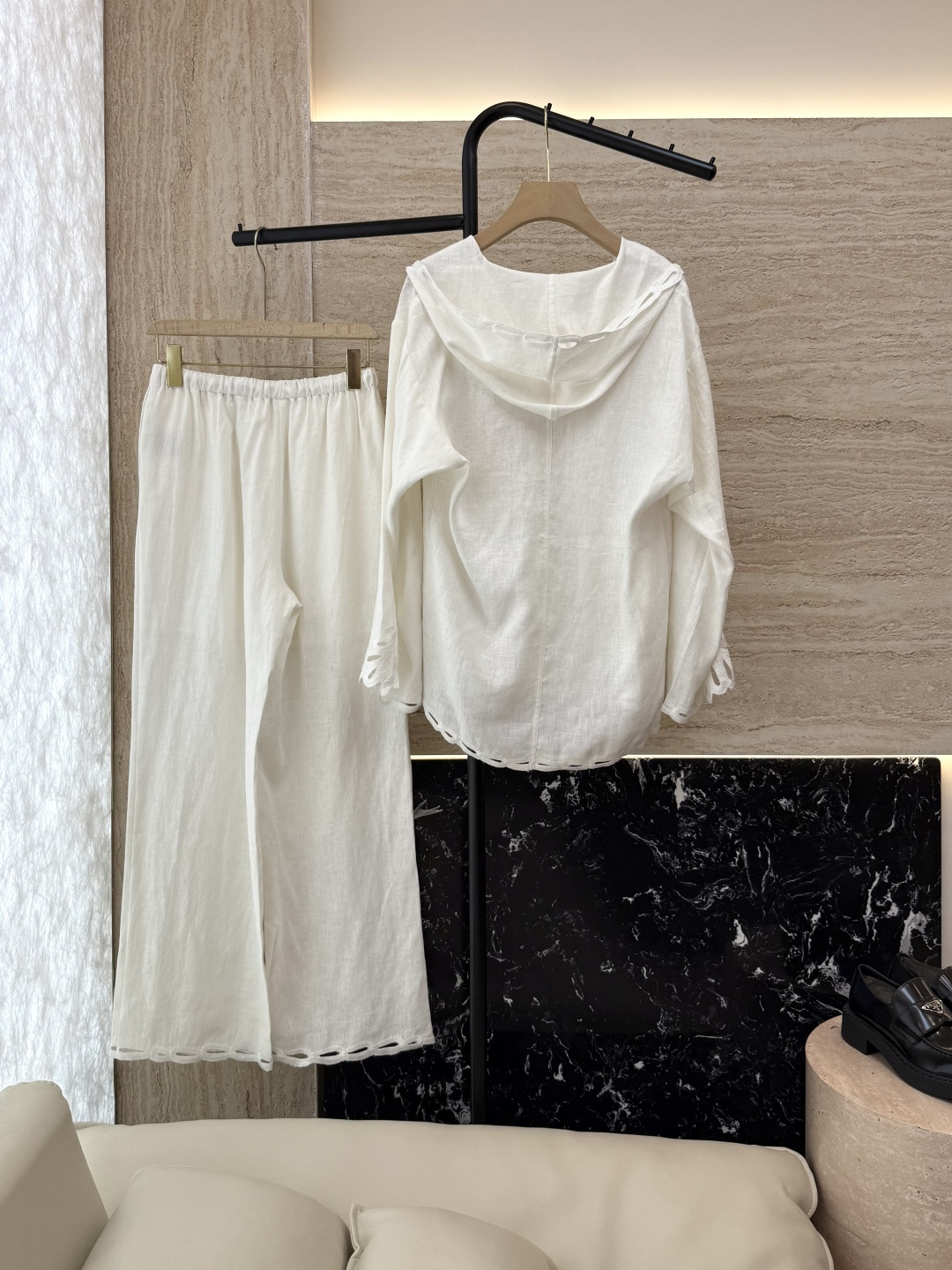 BS979+982#新款套装💕Zimm 100%亚麻 镂空绣花 V领翻领带帽长袖上衣➕长裤 套装 藏青色