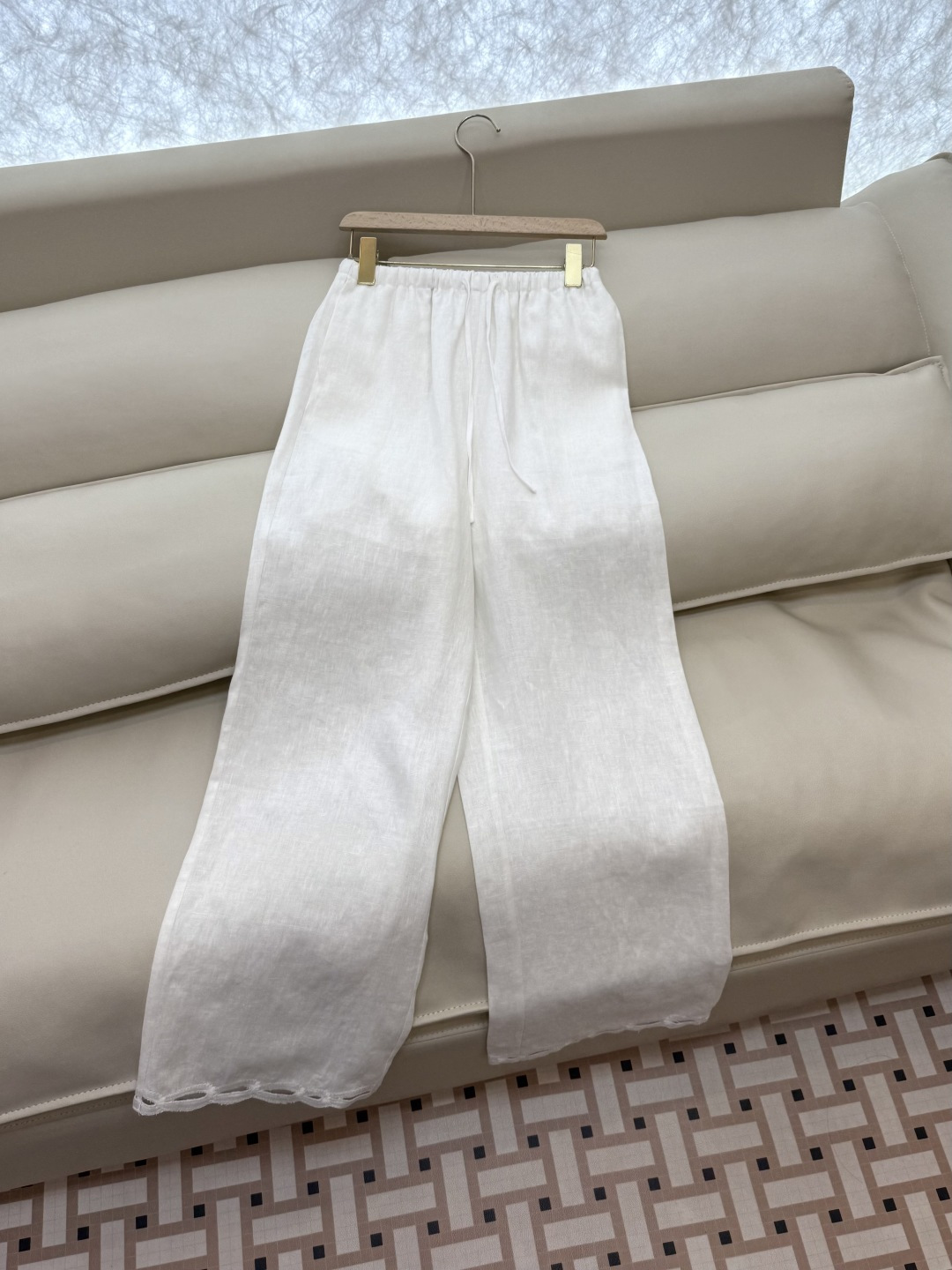 BS979+982#新款套装💕Zimm 100%亚麻 镂空绣花 V领翻领带帽长袖上衣➕长裤 套装 藏青色