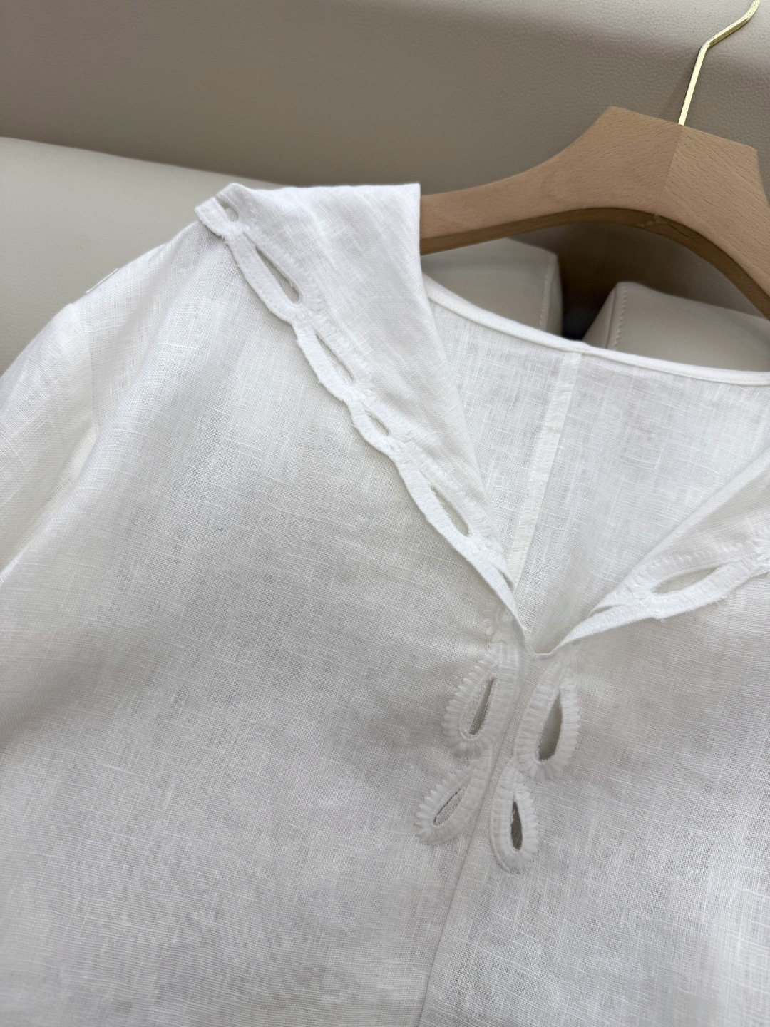 BS979+982#新款套装💕Zimm 100%亚麻 镂空绣花 V领翻领带帽长袖上衣➕长裤 套装 藏青色