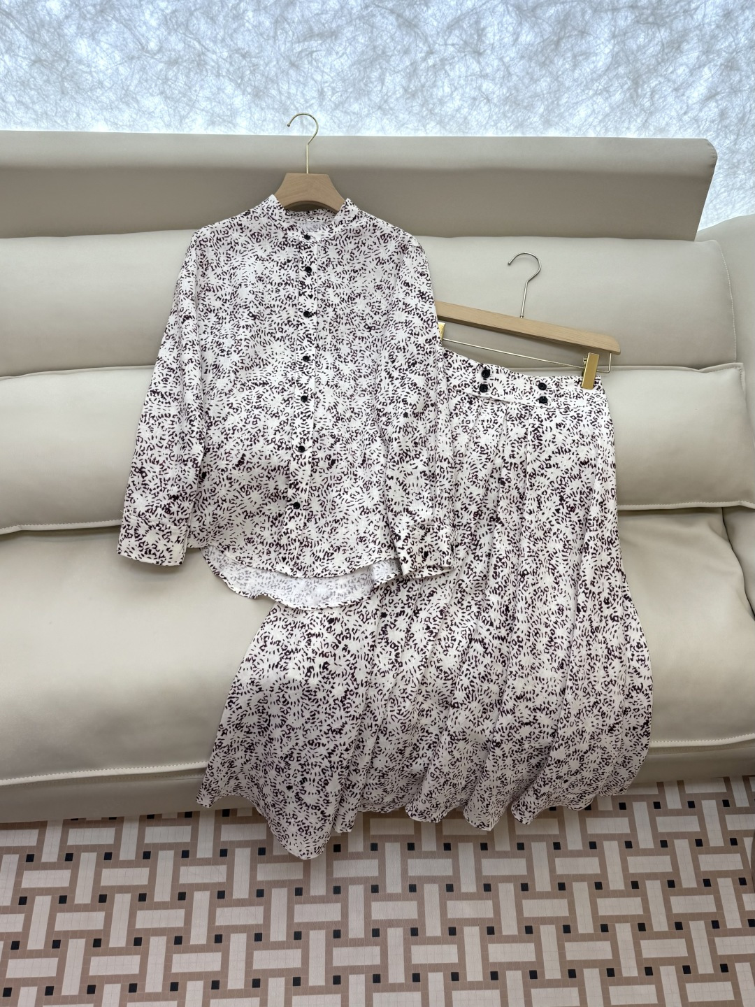 BS986+988#新款套装💕LP🌾 100% 亚麻 碎花长袖衬衫➕大摆半裙 套装 绿色 红色 36-4