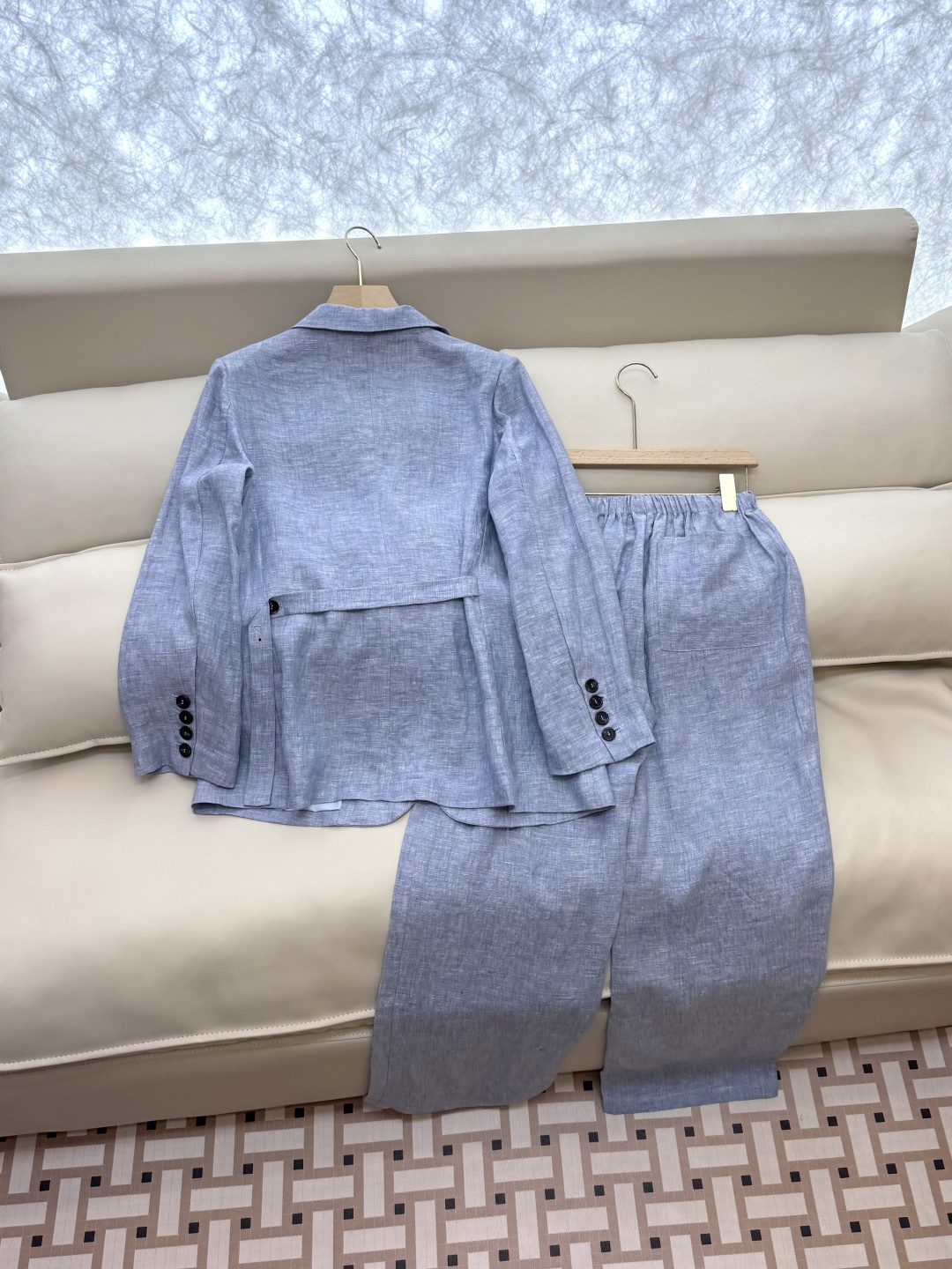 YML042#新款套装⚠️。
Lp🆕 100%亚麻 长袖西装外套➕长裤套装蓝色 SMLXL