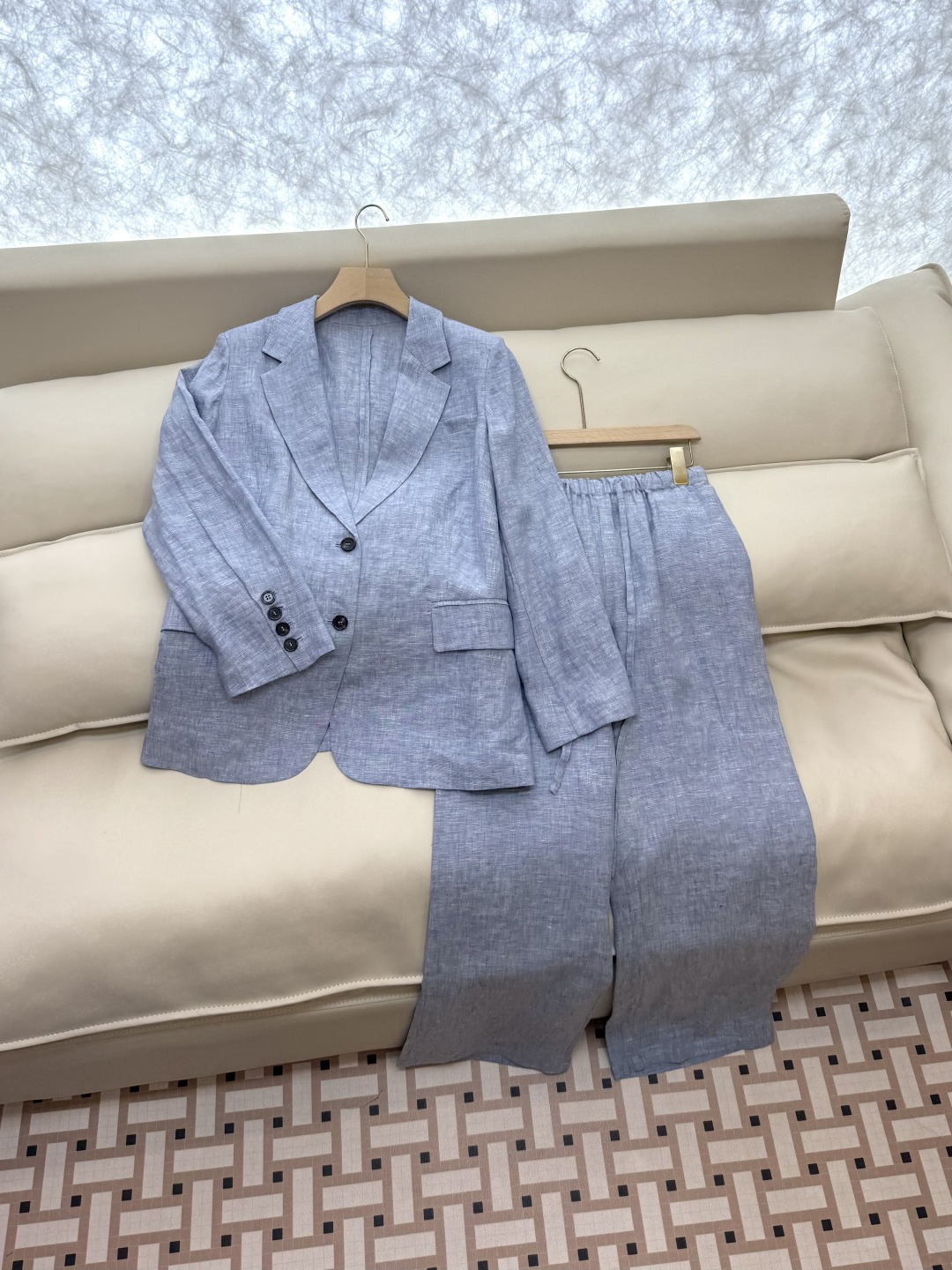 YML042#新款套装⚠️。
Lp🆕 100%亚麻 长袖西装外套➕长裤套装蓝色 SMLXL
