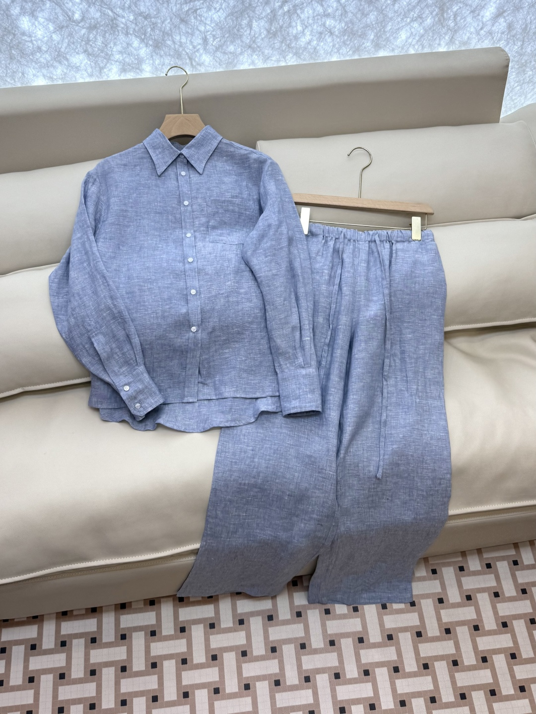 YML041#新款套装⚠️。
Lp🆕 100%亚麻 长袖衬衫➕长裤套装蓝色 SMLXL