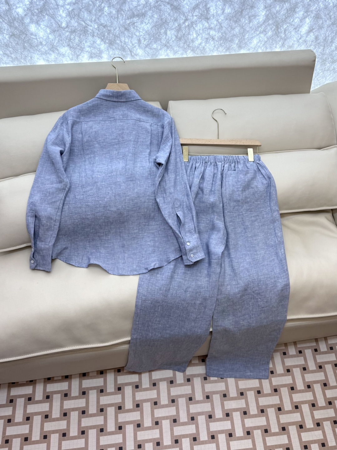 YML041#新款套装⚠️。
Lp🆕 100%亚麻 长袖衬衫➕长裤套装蓝色 SMLXL
