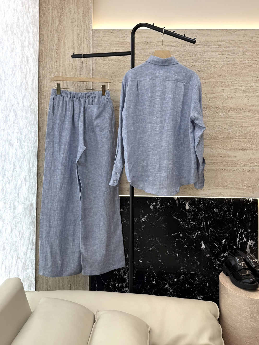 YML041#新款套装⚠️。
Lp🆕 100%亚麻 长袖衬衫➕长裤套装蓝色 SMLXL