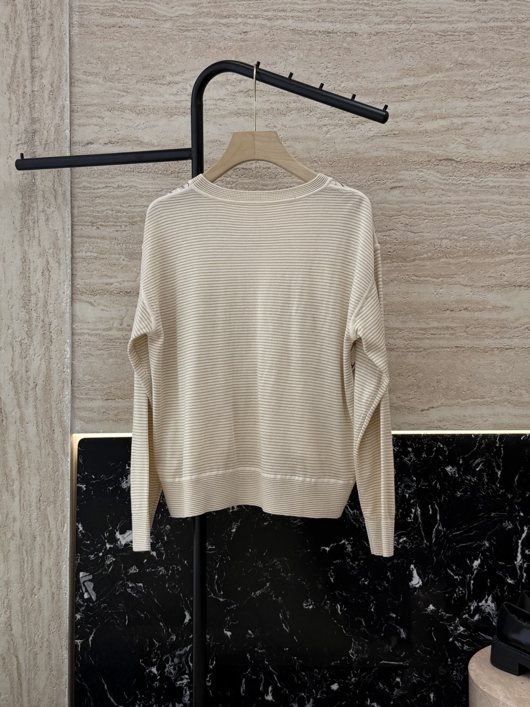 H32583#新款羊毛针织💕H家爱马仕 真丝印花拼接 羊毛针织衫 藏青色 杏色 S-X XL