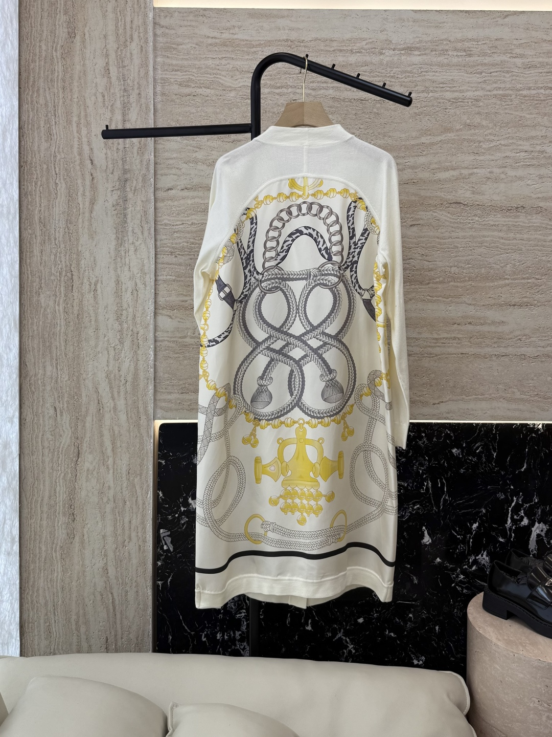 H32585#新款开衫💕H家 定位印花100% 真丝拼接羊毛 长袖开衫外套 米白色 黑色 粉色 S-X 