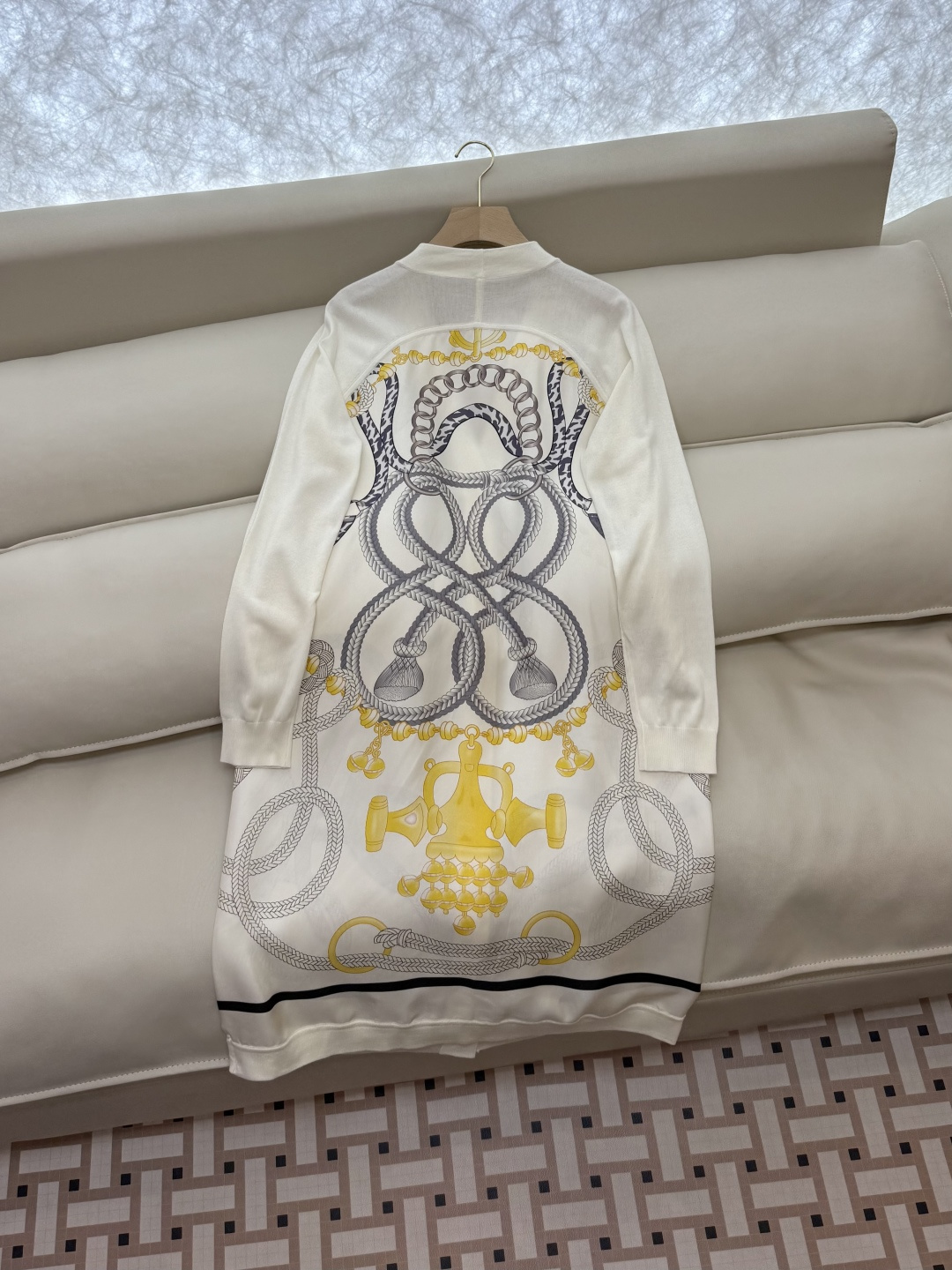 H32585#新款开衫💕H家 定位印花100% 真丝拼接羊毛 长袖开衫外套 米白色 黑色 粉色 S-X 