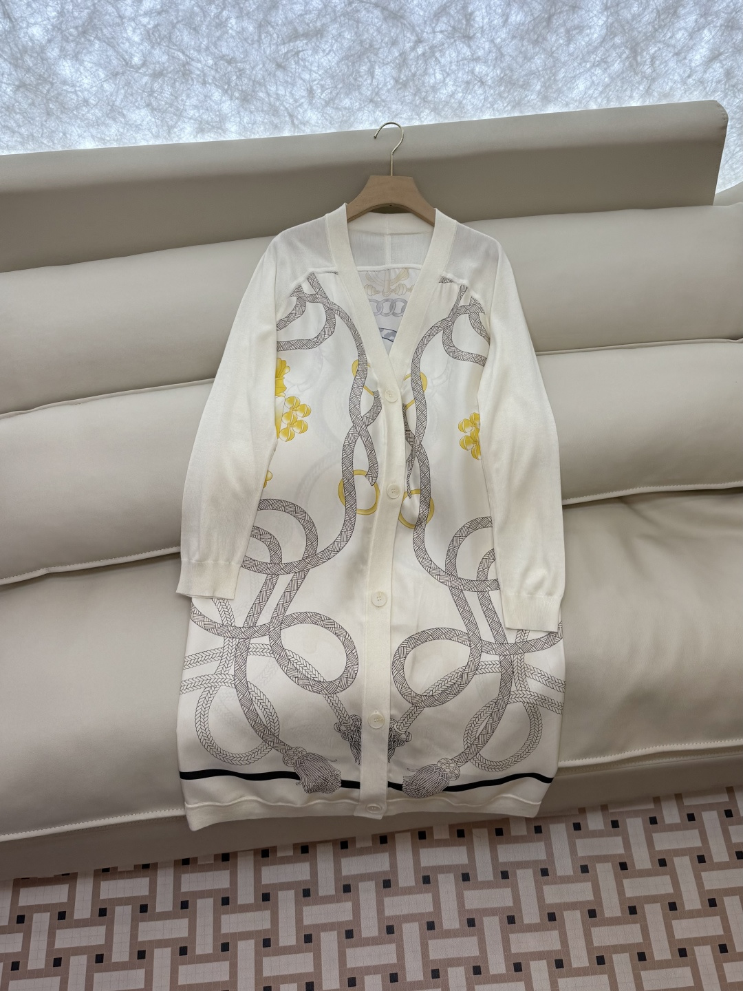 H32585#新款开衫💕H家 定位印花100% 真丝拼接羊毛 长袖开衫外套 米白色 黑色 粉色 S-X 