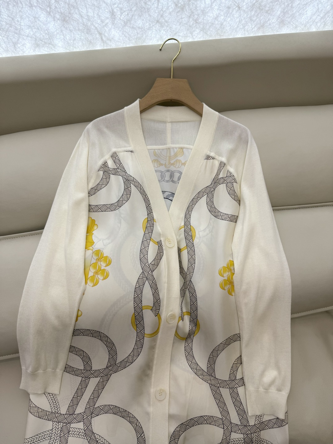 H32585#新款开衫💕H家 定位印花100% 真丝拼接羊毛 长袖开衫外套 米白色 黑色 粉色 S-X 