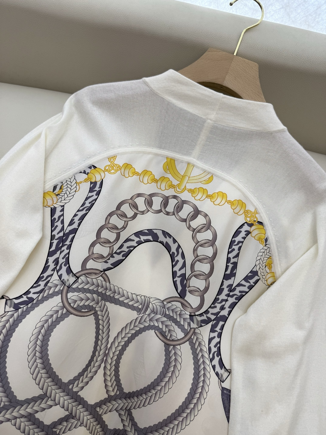 H32585#新款开衫💕H家 定位印花100% 真丝拼接羊毛 长袖开衫外套 米白色 黑色 粉色 S-X 