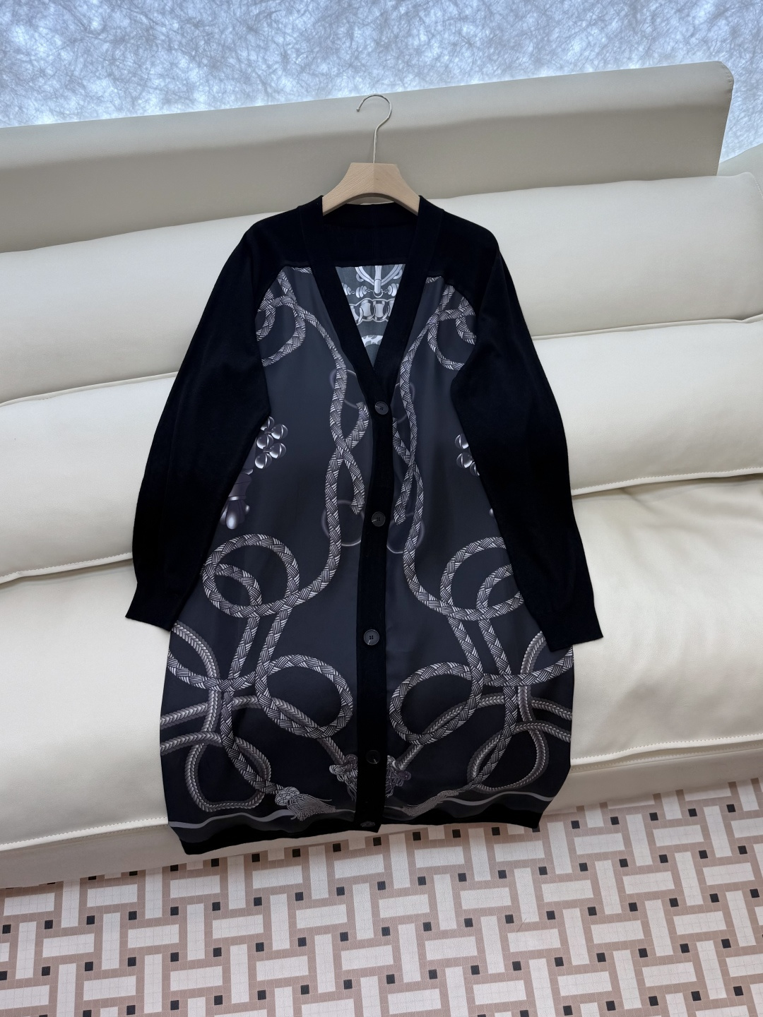 H32585#新款开衫💕H家 定位印花100% 真丝拼接羊毛 长袖开衫外套 米白色 黑色 粉色 S-X 