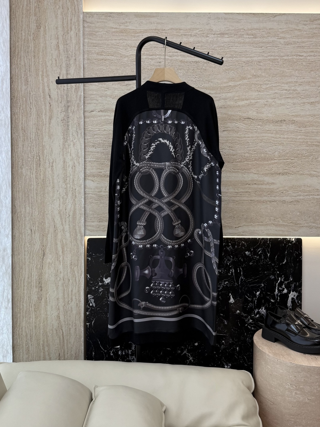 H32585#新款开衫💕H家 定位印花100% 真丝拼接羊毛 长袖开衫外套 米白色 黑色 粉色 S-X 