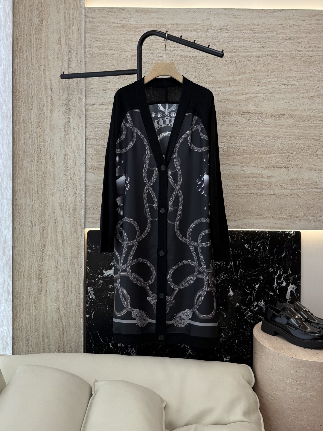 H32585#新款开衫💕H家 定位印花100% 真丝拼接羊毛 长袖开衫外套 米白色 黑色 粉色 S-X 