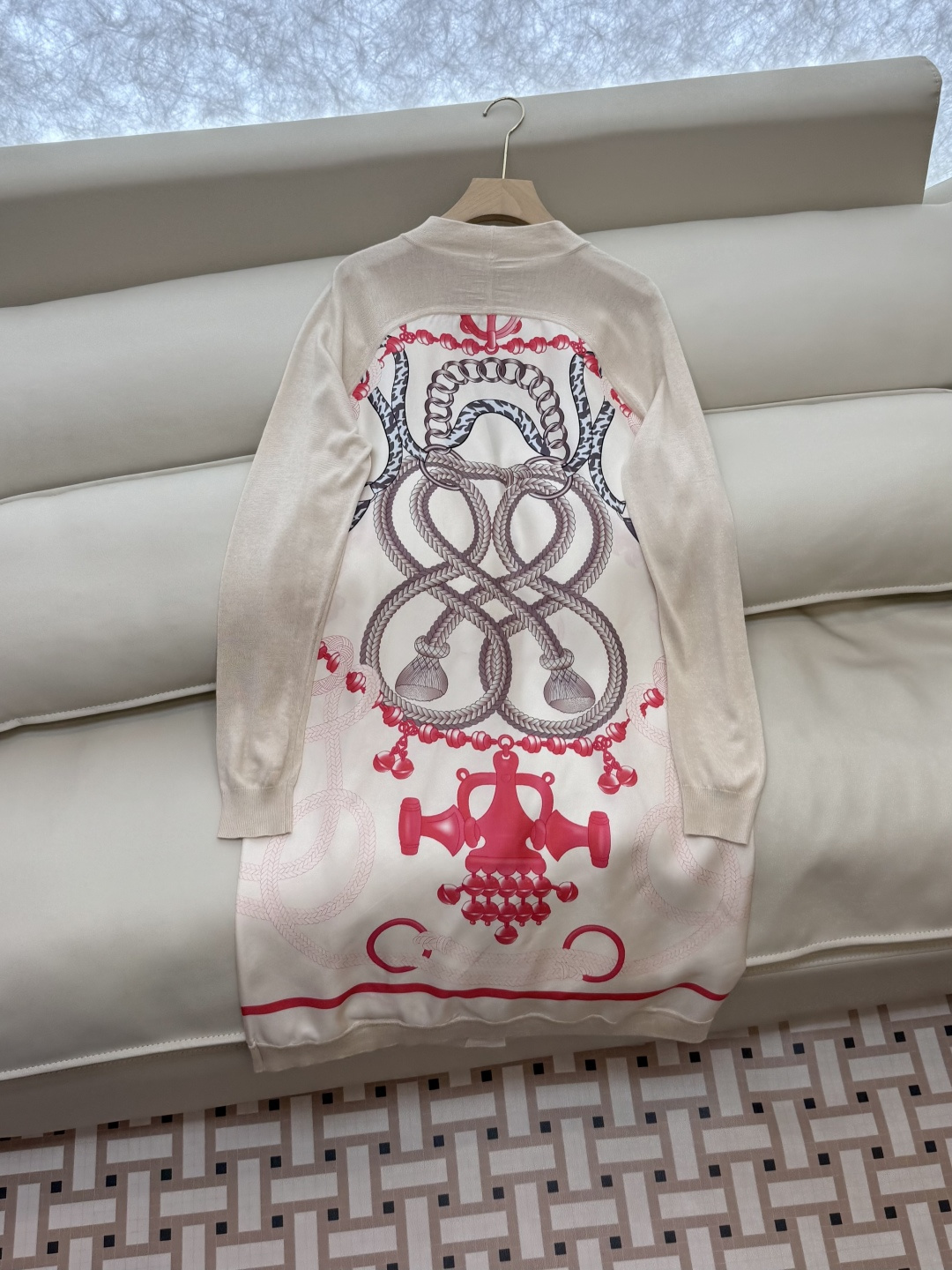 H32585#新款开衫💕H家 定位印花100% 真丝拼接羊毛 长袖开衫外套 米白色 黑色 粉色 S-X 