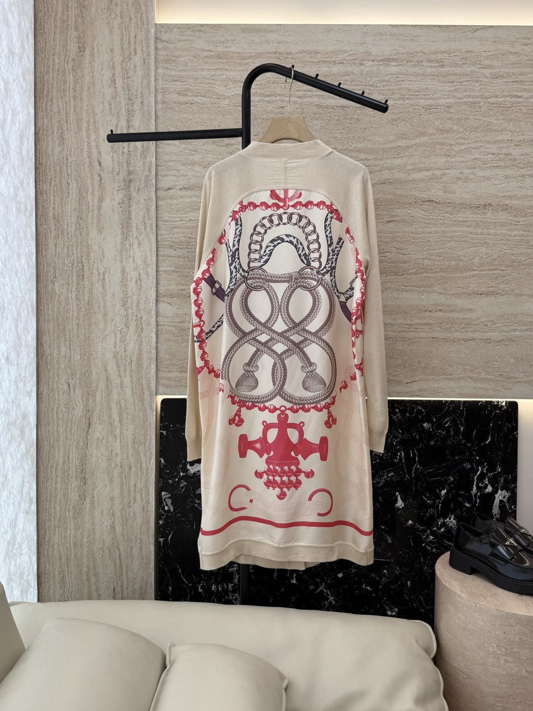 H32585#新款开衫💕H家 定位印花100% 真丝拼接羊毛 长袖开衫外套 米白色 黑色 粉色 S-X 