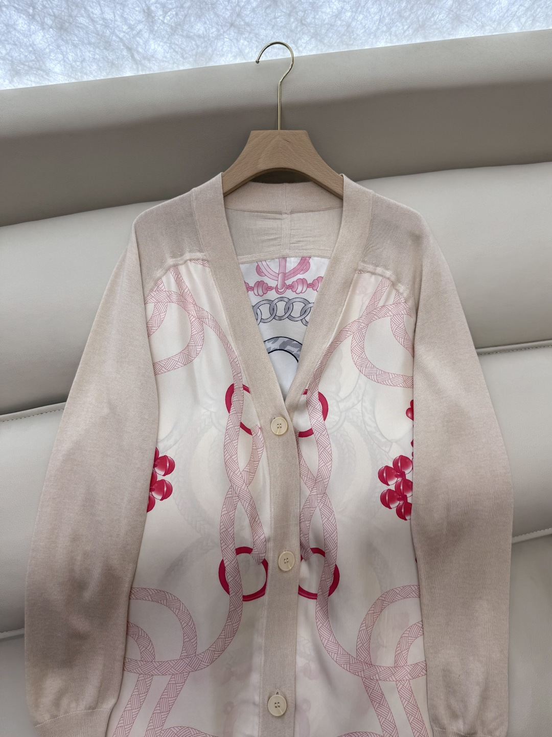 H32585#新款开衫💕H家 定位印花100% 真丝拼接羊毛 长袖开衫外套 米白色 黑色 粉色 S-X 