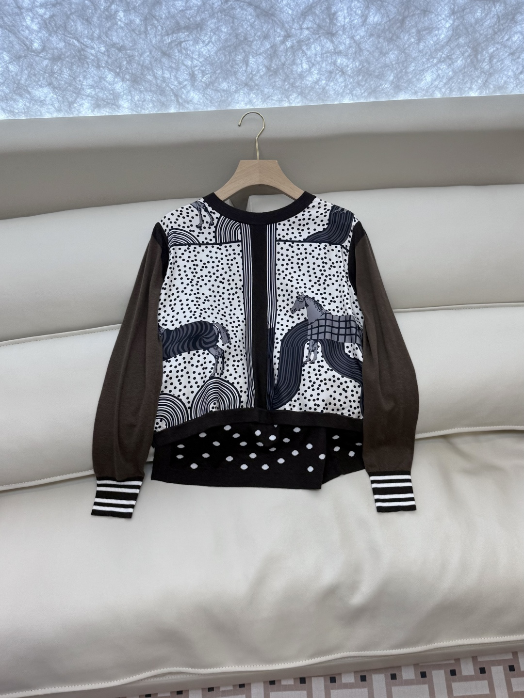 H32582#新款羊毛针织💕H家爱马仕 真丝印花拼接 羊毛针织衫 红色 咖色 S-X XL