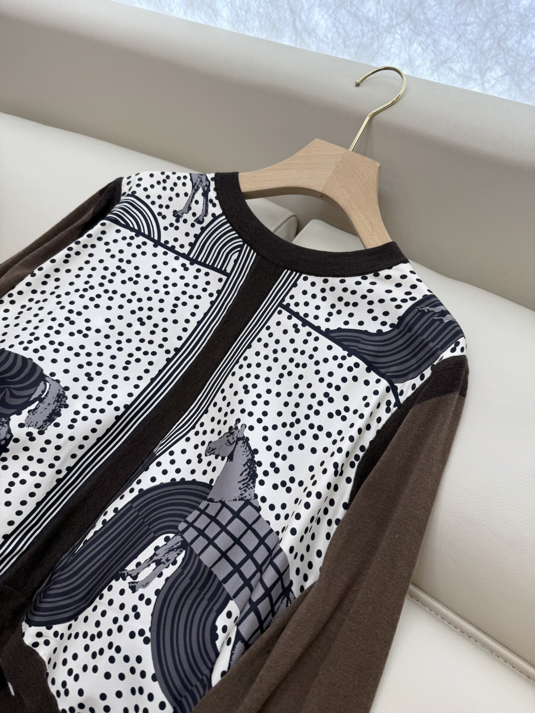 H32582#新款羊毛针织💕H家爱马仕 真丝印花拼接 羊毛针织衫 红色 咖色 S-X XL