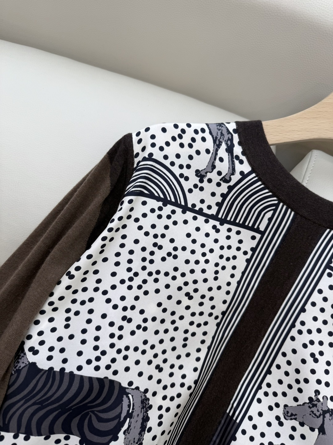 H32582#新款羊毛针织💕H家爱马仕 真丝印花拼接 羊毛针织衫 红色 咖色 S-X XL