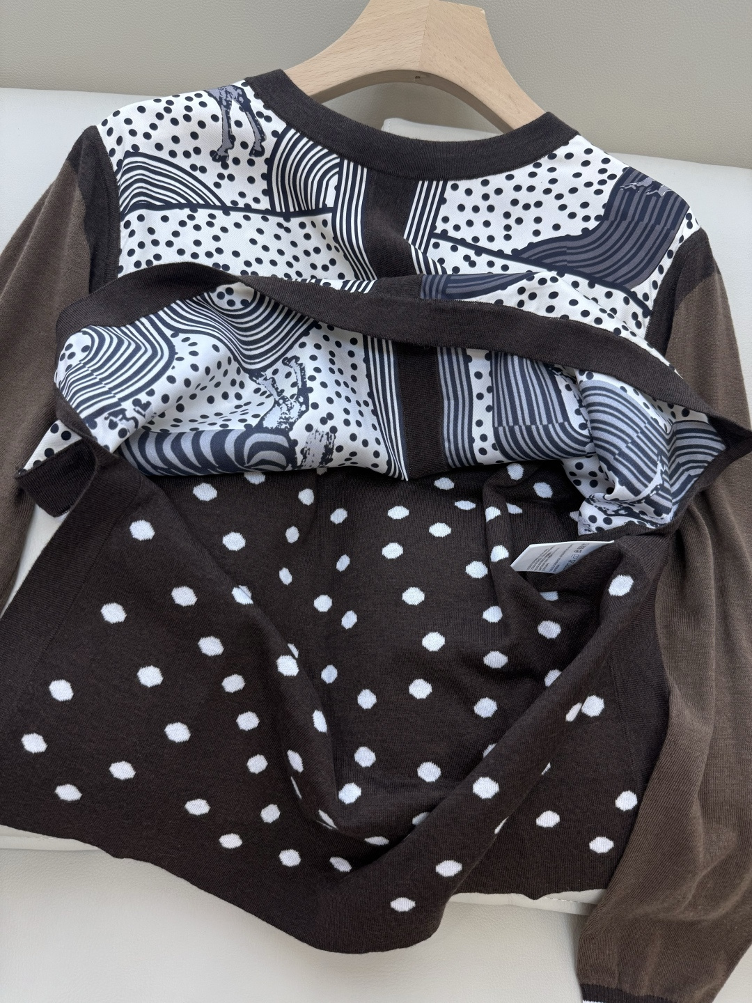 H32582#新款羊毛针织💕H家爱马仕 真丝印花拼接 羊毛针织衫 红色 咖色 S-X XL