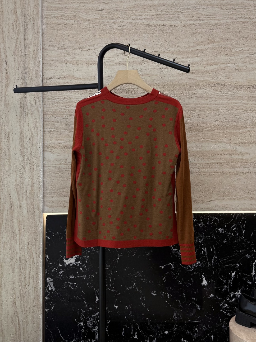 H32582#新款羊毛针织💕H家爱马仕 真丝印花拼接 羊毛针织衫 红色 咖色 S-X XL